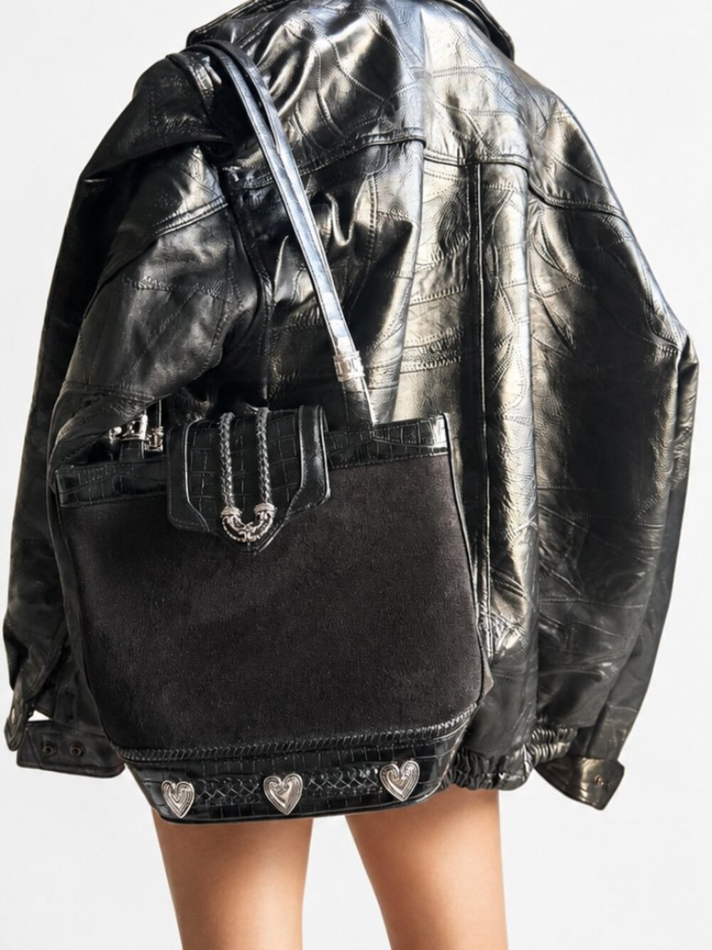 Vintage Black Leather Tote Bag Shoulder Purse Silver Heart Studs Western Boho